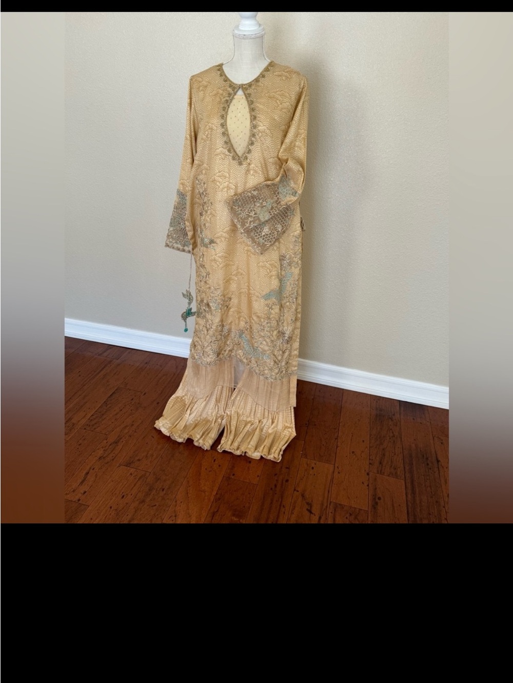 Elegant Embroidered Long Sleeve Beige Dress with Keyhole Neckline